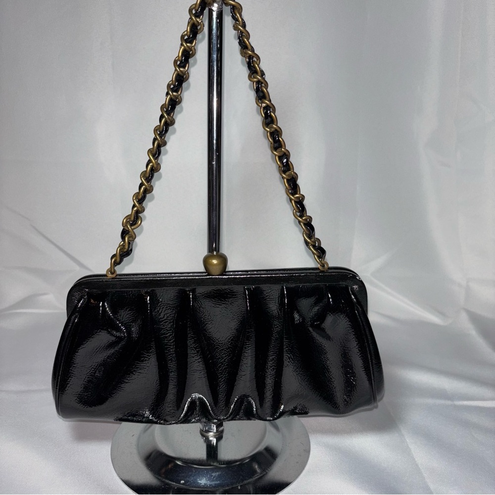 BCBGirls Black Patent Leather Clutch Chain Handle Strap Shoulder Bag